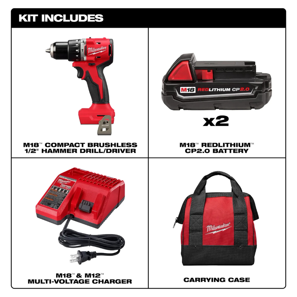 Milwaukee M18 Compact Brushless 1/2" Hammer Drill/Driver Kit from GME Supply